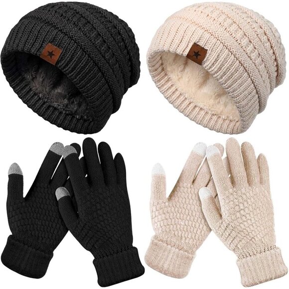 Winter Hat Gloves Set Fleece Lined Knit Beanie Touchscreen Black Beige Women main image 5